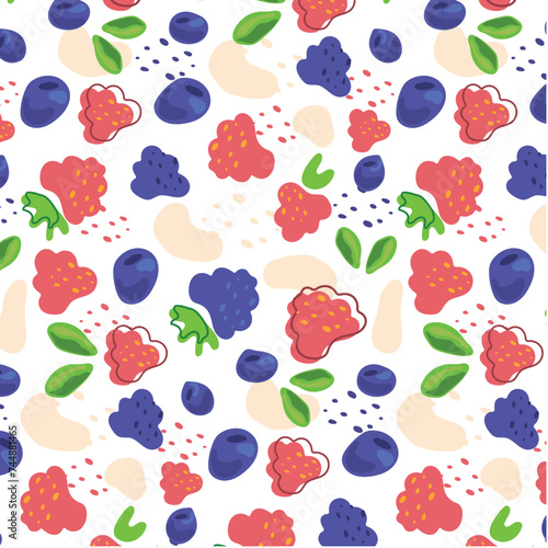 Abstract pattern with Blueberries, raspberries, blackberries and yogurt in flat style. Fresh Seamless pattern. Vector background. Summer time print.