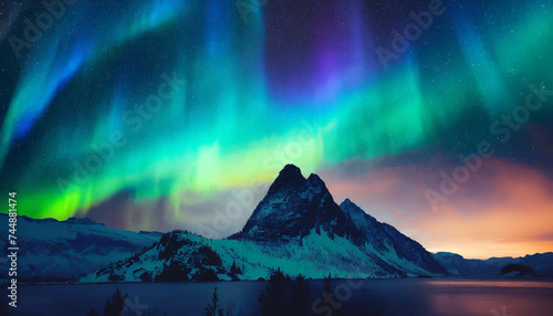 Aurora borealis, night mountain with vibrant colors, Generative IA, sunset, nature aurora © fidalgo1980