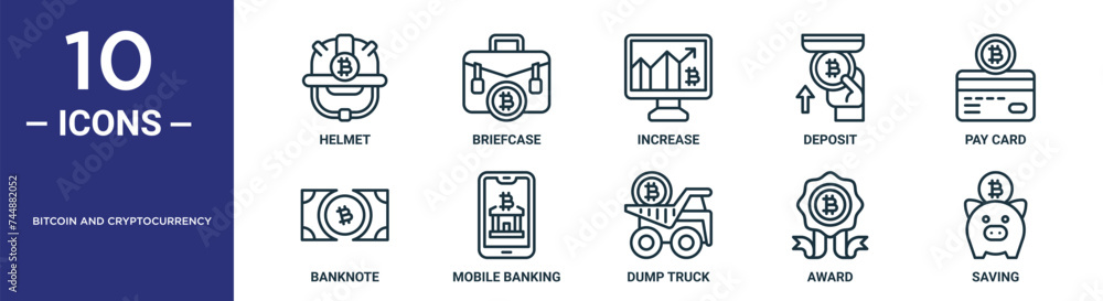 bitcoin and cryptocurrency outline icon set includes thin line helmet ...