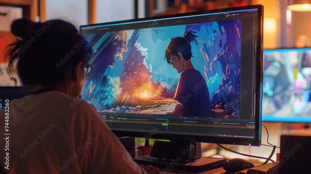 A person working on a digital illustration of a forest on a computer screen A person working on a digital illustration of a forest on a computer screen