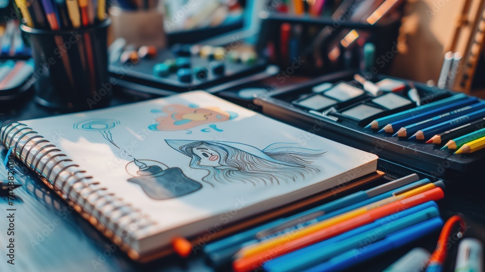 Creative sketchbook with colorful drawings and pencils Creative sketchbook with colorful drawings and pencils