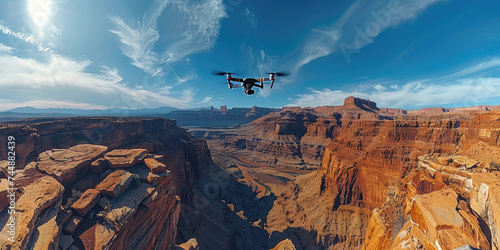 A small plane is seen flying over a canyon in the desert, showcasing the vast landscape below.