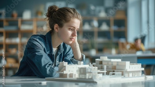 Young woman studying architectural models