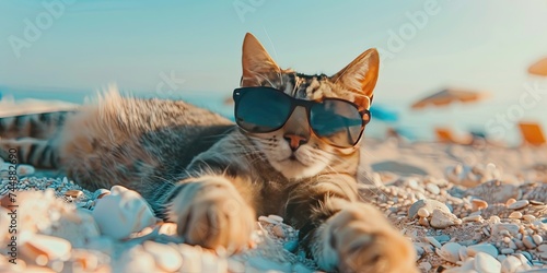 Cat wearing hawaiian floral lei and sunglasses on the beach