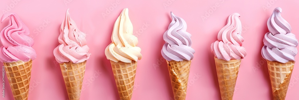 Frozen ice cream cones with a variety of flavors Frozen ice cream cones with a variety of flavors