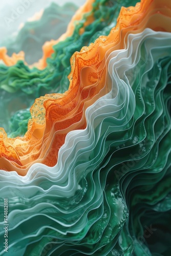 Detailed close-up of a wave with green and orange hues crashing in ultra-realistic illustration.