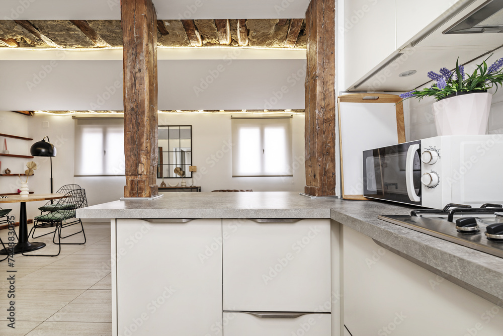 A kitchen in an apartment with contemporary industrial style decoration with a serving hatch between antique wooden columns A kitchen in an apartment with contemporary industrial style decoration with a serving hatch between antique wooden columns