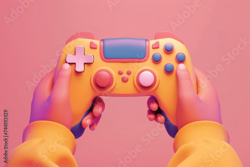 Close up of a person holding a video game controller. 3D illustration style