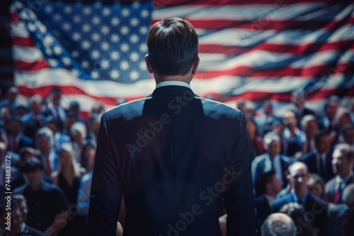 Man Standing in Front of American Flag. Generative AI
