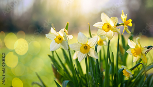 daffodils in sunshine in springtime, easter flowers in green spring meadow on blurred bokeh background, blooming narcissus in sunlight