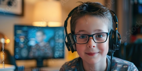 Child Podcaster with microphone and headphones recording an audio episode