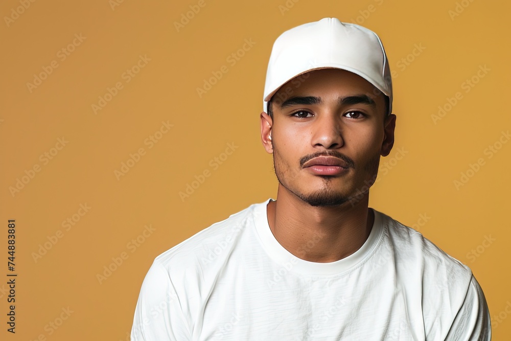 Urban male with blank baseball cap on solid background Urban male with blank baseball cap on solid background