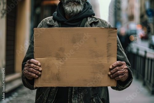Homeless person holding up cardboard sign - vagabond panhandling on the street corner photo