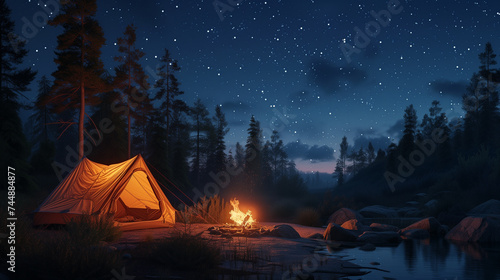 The glistening surface of a camping tent under the starry night sky, with a campfire flickering nearby, capturing the peaceful and adventurous spirit of camping during summer vacations.