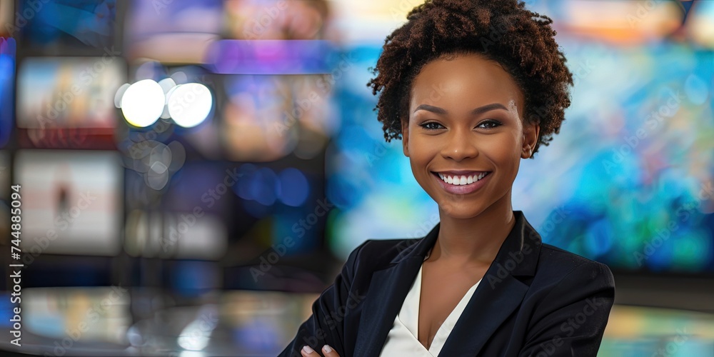 Black female news anchor - TV broadcaster and newsreader for mainstream and local media. - obrazy, fototapety, plakaty 