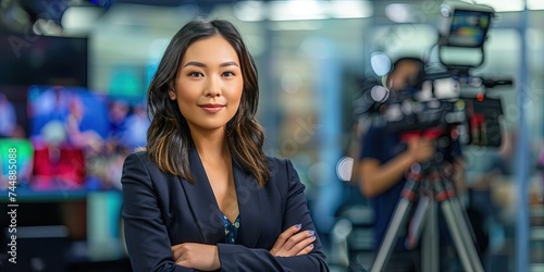 Asian female news anchor - TV broadcaster and newsreader for mainstream and local media.