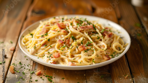 Set in a cozy ambiance, a plate of steaming pasta carbonara features luscious melted cheese, crispy bacon, and fragrant herbs, inviting diners to savor its comforting flavors.