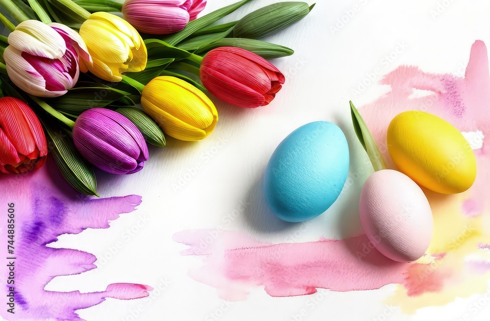 Holiday celebration banner with colorful tulips, spring flowers and colorful decorated Easter eggs on light background. Happy Easter greeting card, banner, festive background. Close up, Copy space.
