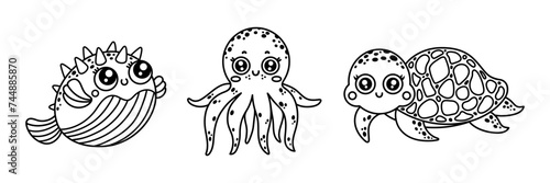Sea animals vector set. A cute turtle with a shell, a friendly octopus with tentacles, a funny puffer fish with spikes. Coloring book for kids, outline. Underwater pets, swimming cartoon characters