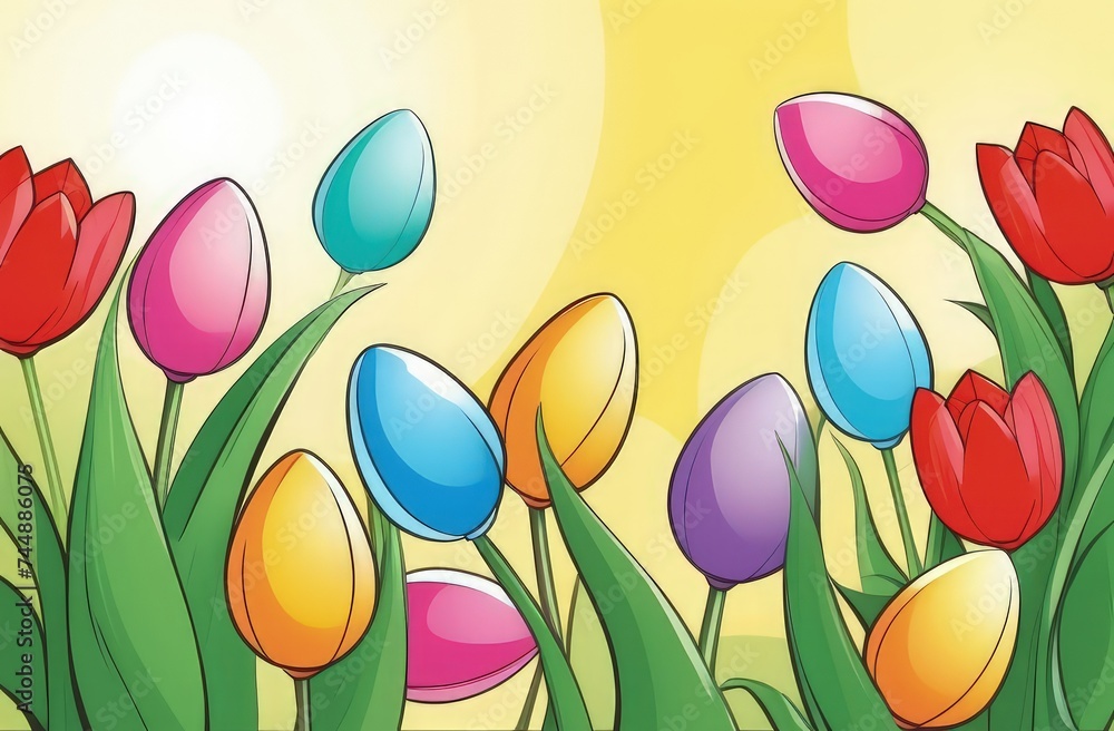 Holiday celebration banner with colorful tulips, spring flowers and colorful decorated Easter eggs on light background. Happy Easter greeting card, banner, festive background. Close up, Copy space. Holiday celebration banner with colorful tulips, spring flowers and colorful decorated Easter eggs on light background. Happy Easter greeting card, banner, festive background. Close up, Copy space.