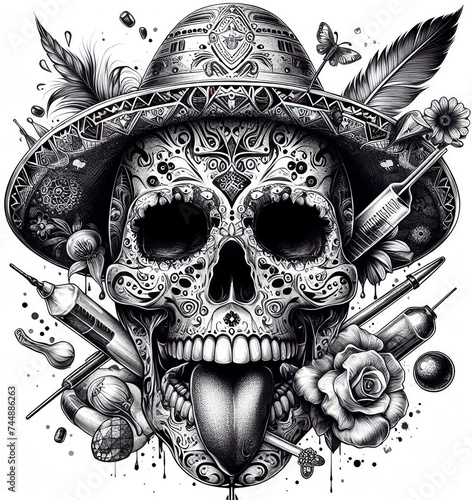Skull with mexican hat, feathers and skull tattoo art design on white background. 