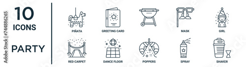 Canvastavla party outline icon set includes thin line pi?ata, , girl, dance floor, spray, sh