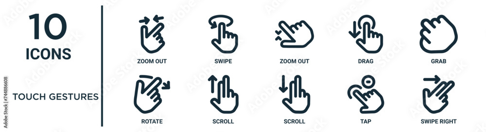 touch gestures outline icon set includes thin line zoom out, zoom out, grab, scroll, tap, swipe right, rotate icons for report, presentation, diagram, web design - obrazy, fototapety, plakaty 