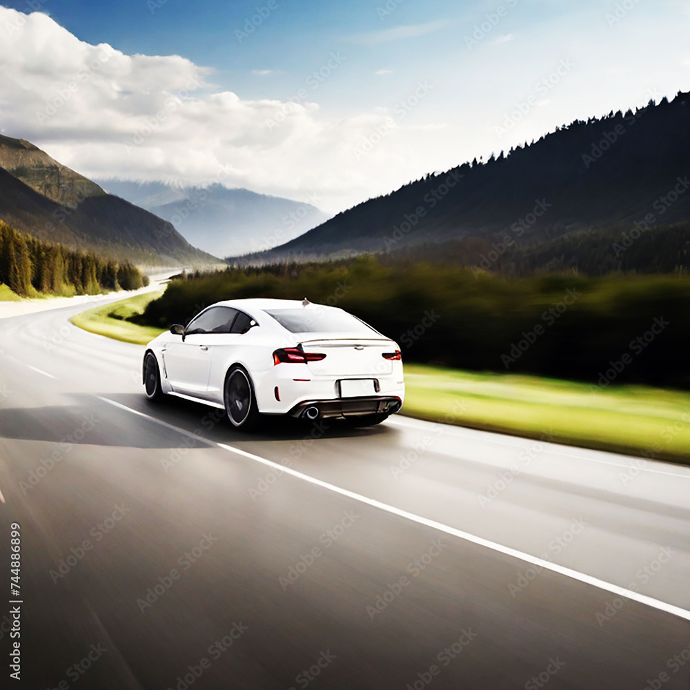Fototapeta premium White car speed driving on asphalt road at daytime, ai generated.