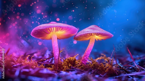 Fantasy Mushroom Wallpaper. Glowing Mushrooms in mystery dark forest close-up. Magic mushrooms in the forest. Glowing fluorescent mushroom in mystic luminescent forest.