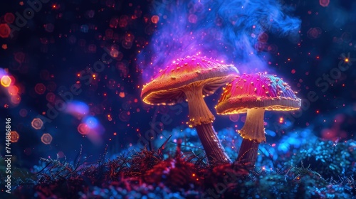 Fantasy Mushroom Wallpaper. Glowing Mushrooms in mystery dark forest close-up. Magic mushrooms in the forest. Glowing fluorescent mushroom in mystic luminescent forest. © jokerhitam289
