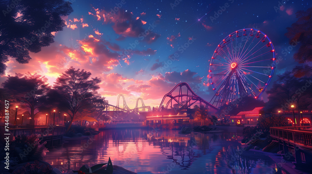 a magical amusement park on the sunset. concept art a magical amusement park on the sunset. concept art