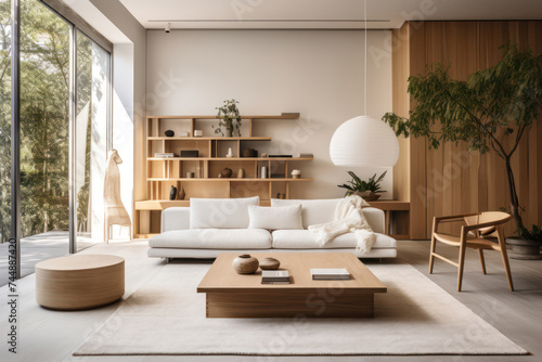 Contemporary Living  Modern  Stylish Interior with Bright Scandinavian Living Room  Comfortable White Sofa  and Wooden Furniture