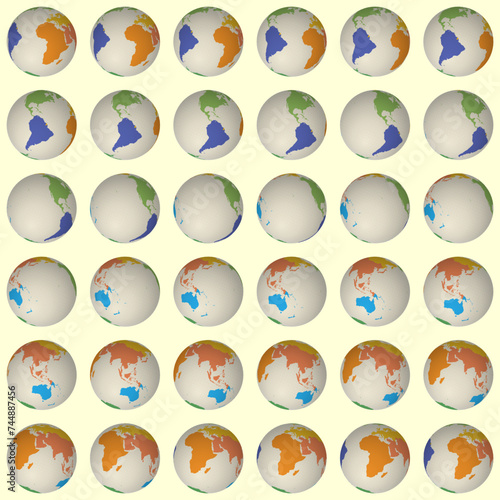 Collection of globes. Tilted sphere view. Rotation step 10 degrees. Colored continents style. World map with dense graticule lines on pale background. Radiant vector illustration.