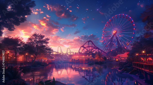 a magical amusement park on the sunset. concept art