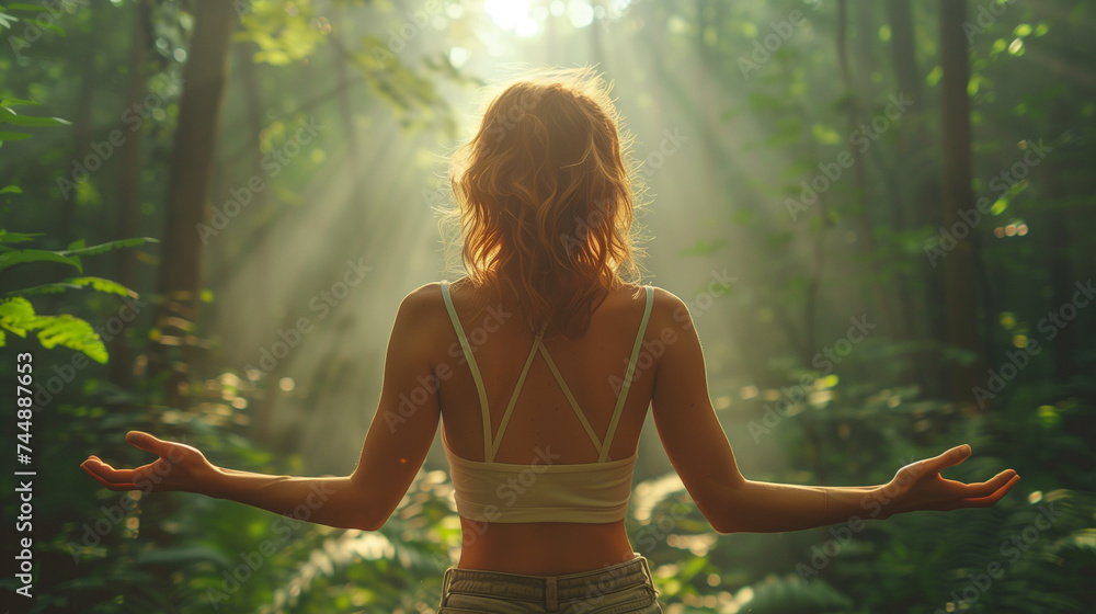 woman with open arms breathing fresh air,  clean air in natural forest. Happy girl from the back with open arms in happiness. Fresh outdoor woods, wellness healthy lifestyle, sunrays in the tree - obrazy, fototapety, plakaty 