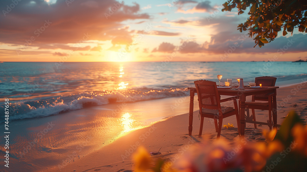 romantic dinner on the beach at sunset, romantic dinner setup on the beach while twilight