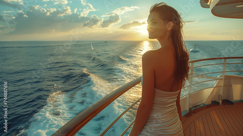 Luxury cruise ship travel elegant tourist woman on balcony deck of European Mediterrane cruising destination. Summer vacation cruise ship, cruise holiday vacation, luxury travel