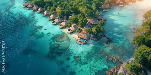 top view at a Luxury travel vacation destination, Romantic honeymoon getaway in overwater bungalows villas of Tahiti resort, Bora Bora, French Polynesia. Landscape copy space panorama