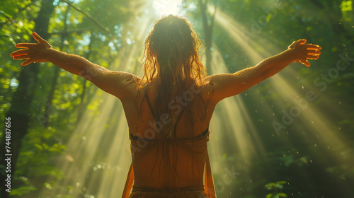 woman with open arms breathing fresh air, a Free female breathing clean air in a natural forest. Happy girl from the back with open arms in happiness. Fresh outdoor woods, wellness healthy lifestyle 