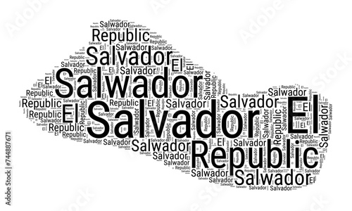 Black and white word cloud in Republic of El Salvador shape. Simple typography style country illustration. Plain Republic of El Salvador black text cloud on white background. Vector illustration.
