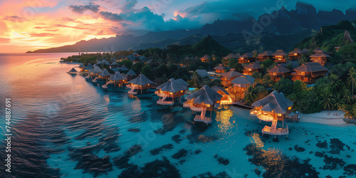 drone view at sunsetRomantic honeymoon getaway in overwater bungalows villas of Tahiti resort, Bora Bora, French Polynesia. Landscape copy space panorama photo