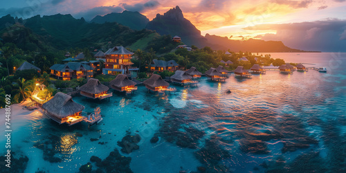 top view during sunset Romantic honeymoon getaway in overwater bungalows villas of Tahiti resort, Bora Bora, French Polynesia. Landscape copy space panorama © Fokke Baarssen