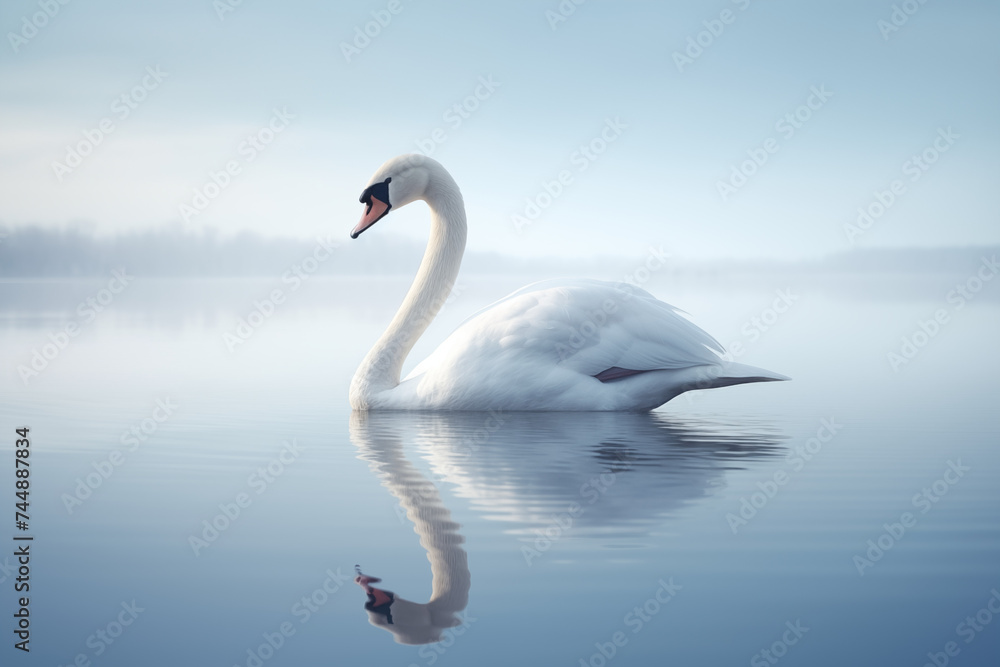 Obraz premium Weißer Schwan spiegelt sich im tiefblauen See, Reflektion eines Schwans im Wasser
