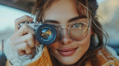  Shot of a young woman taking photos while sitting in a car. Female capturing a perfect road trip moment. 