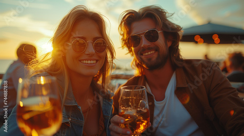 Outdoor shot of a young couple toasting drinks at a rooftop party. Young friends hanging out with drinks at sunset, man and woman toasting drinks at a cocktail party