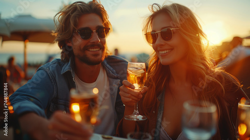 Outdoor shot of a young couple toasting drinks at a rooftop party. Young man and woman hanging out with drinks at sunset, people toasting drinks at a cocktail party © Fokke Baarssen