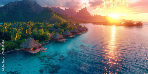 Luxury travel vacation destination Luxury overwater bungalow with a thatched roof in a honeymoon vacation resort in the clear blue lagoon with a view on Mt. Otemanu on the tropical island of Bora Bora