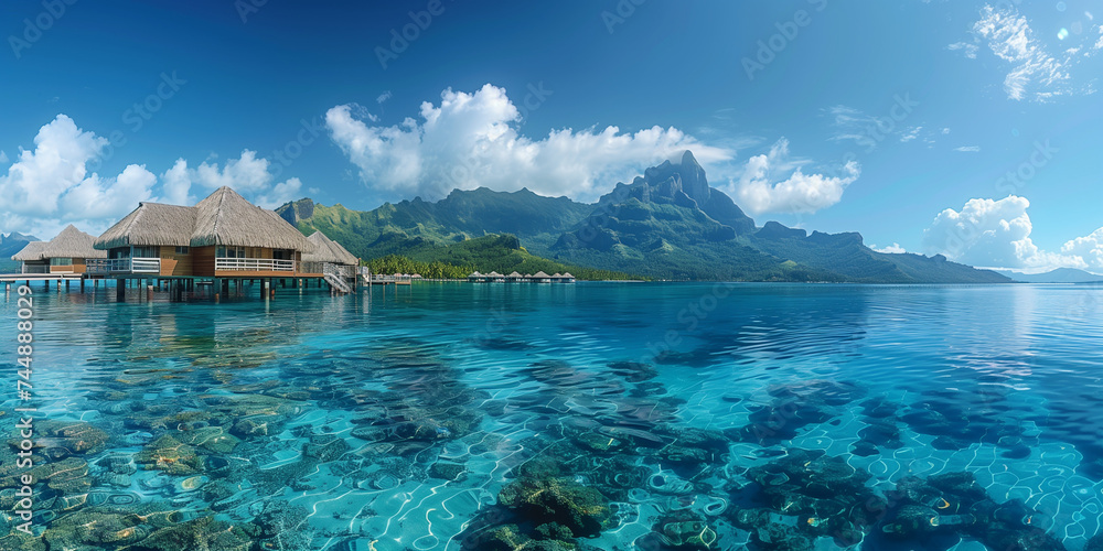 Luxury travel vacation destination,Romantic honeymoon getaway in overwater bungalow villas of Tahiti resort, Bora Bora, French Polynesia. 