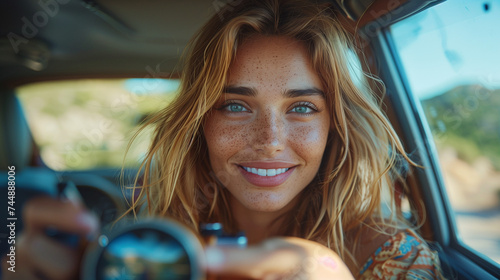 young woman taking photos while sitting in a car. Female capturing a perfect road trip moment. summer trip car with the window open