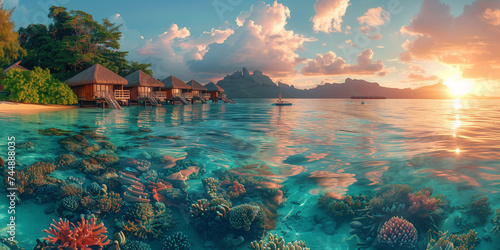Luxury travel vacation destination panoramic banner. Romantic honeymoon getaway in overwater bungalow villas at sunset of Tahiti resort, Bora Bora, French Polynesia. Landscape copy space panorama photo
